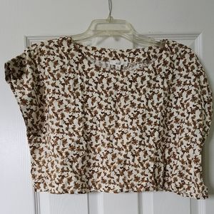 New - re:blu - Cropped White Short Sleeve Blouse - Brown Flowers - Large